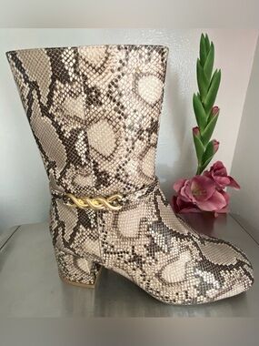 NEW WOMENS SNAKE PRINT MID CALF BOOT WITH GOLD CHAIN ACCENT
